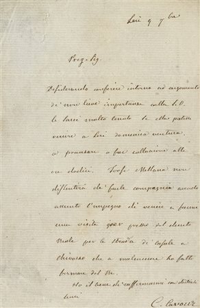 Cavour Camillo, Lettera autografa firmata inviata al Cavalier Visone,...