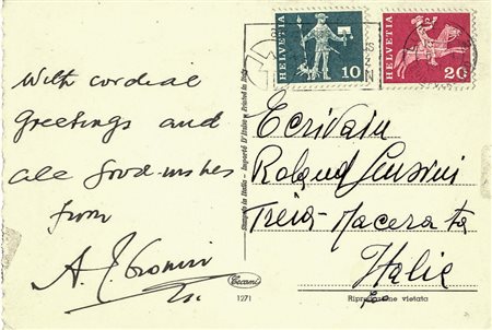 Cronin Archibald Joseph, Cartolina, viaggiata autografa e firmata (non...