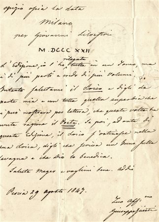 Giusti Giuseppe, Lunga lettera autografa firmata inviata a Francesco Silvio...