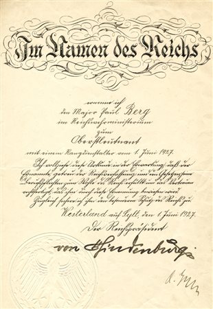 Hindemburg Paul von, Nomina militare con firma autografa.Datata...