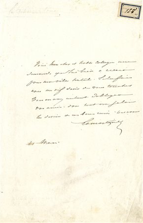 Lamartine Alphonse (de), Lettera autografa firmata.Non datata.Manoscritto a...