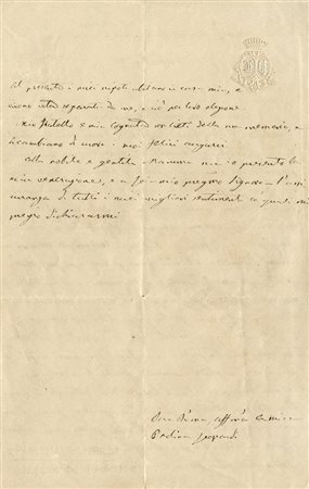 Leopardi Paolina, Lettera autografa firmata.Datata 1865.Manoscritto a...