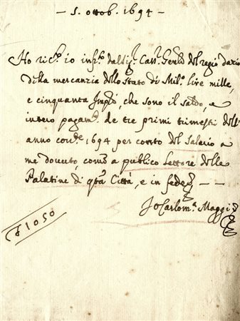 Maggi Carlo Maria, Ricevuta di pagamento autografa firmata di 'lire mille e...