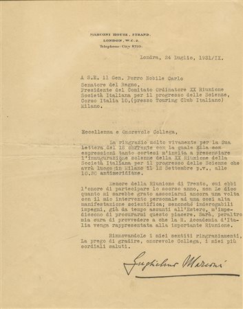 Marconi Guglielmo, Lettera dattiloscritta con firma autografa inviata al...