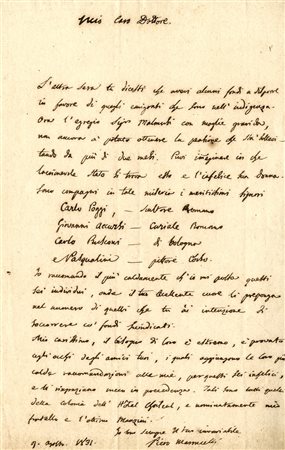 Maroncelli Piero, Lettera autografa firmata inviata al Dottor Follati.Datata...
