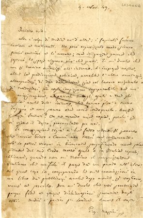 Mazzini Giuseppe, Lettera e breve biglietto autografi firmati.La lettera è...