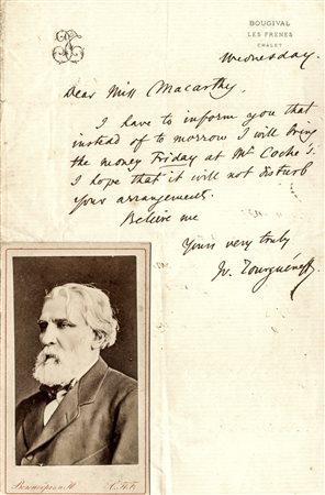 Tourgueneff Ivan, Lettera autografa firmata (sulla quale è applicato un...