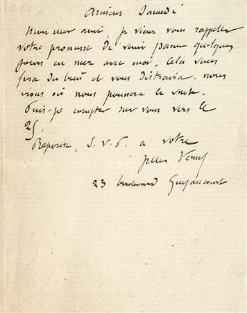 Verne Jules, Lettera autografa firmata.Non datata.Manoscritto a inchiostro...