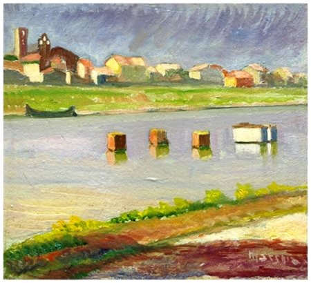 SANTI MACCHIA Pisa 1884 – Pisa 1964 I bagnetti d'Arno Olio su cartone 23 x...