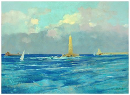 RENATO NATALI Livorno 1883 – Livorno 1979 Marina Olio su tavola 50 x 70....