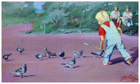 LORENZO PALAZZI Livorno 1921 – Livorno 1990 Senza titolo (Bimbo e piccioni ai...