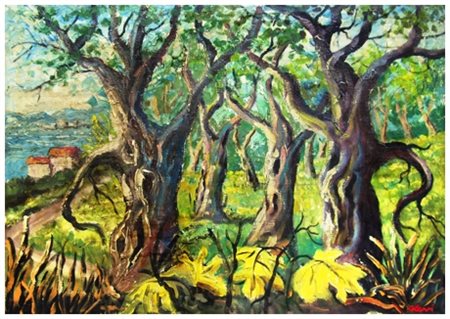 CARLO LEVI Torino 1902 – Roma 1975 Bosco sul mare 1969 Olio su tela 70 x 100....