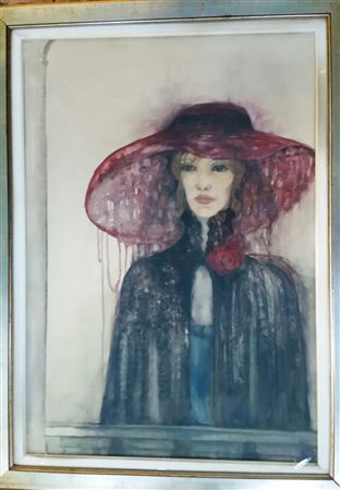 Laura Giacone "Donna dal cappello rosso" - Olio su tela - cm 100x70