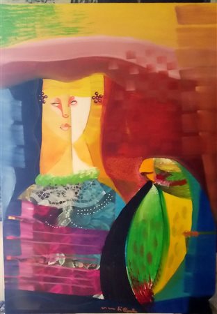 Vittorio Maria Di Carlo "Donna con pappagallo" - Olio su tela - cm 70x50 -...