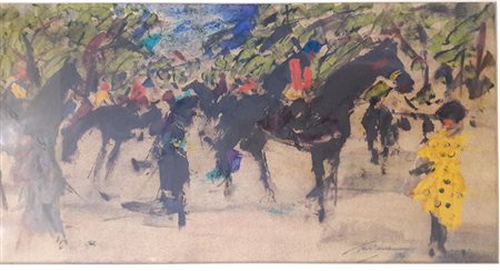 Piero Garino "Ippodromo" - Tecnica mista su cartone spesso - cm 35x65 - Firma...