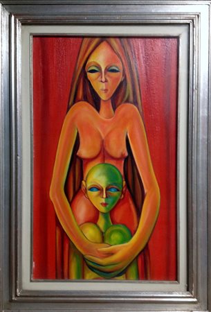 Gianbar "Maternità" - Olio su tela incollata su tavola - cm 75,5x45 - Firma...