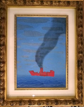 Francesco Casorati "La nave rossa" - Acrilici su tela - cm 50x35 - Firma...