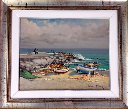 Mario Fumia "Ultimo sole sul molo (Varigotti)" - 1977 - Olio su cartone...