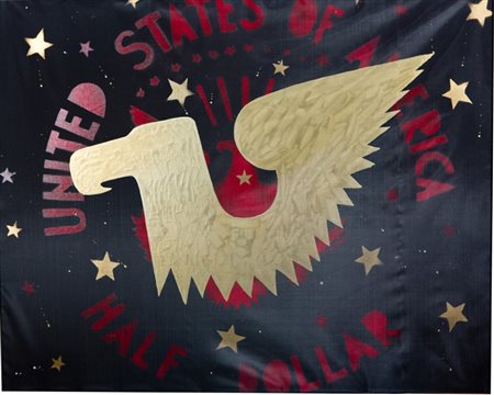 Franco Angeli "Half dollar" - Anni Settanta - Smalto su tela con tulle - cm...