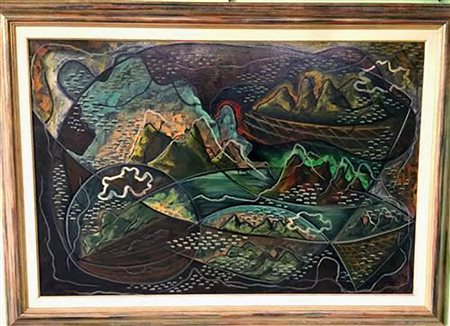 Pippo Oriani "Aereopittura - Volo sul golfo" - Anni Sessanta - Olio su tela -...