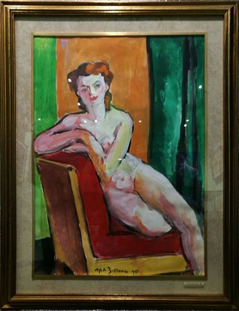 Alfredo Beltrame "Nudo in poltrona rossa" - 1937 - Tempera su cartoncino - cm...