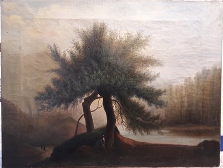 Scuola nordeuropea "Paesaggio lacustre con personaggio" - 1867 - Olio su tela...