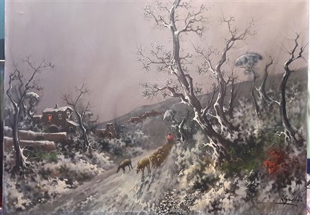 Anonimo "Paesaggio innevato con armenti" - Olio su tela - cm 77x100