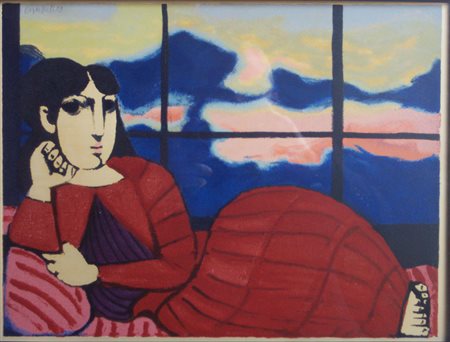 Domenico Cantatore "Donna con il vestito rosso" - Retouche su lastra - cm...