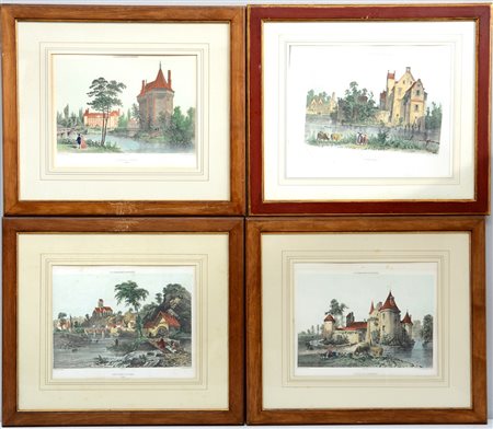 Gruppo di quattro litografie inglesi a colori raffiguranti paesaggi con...