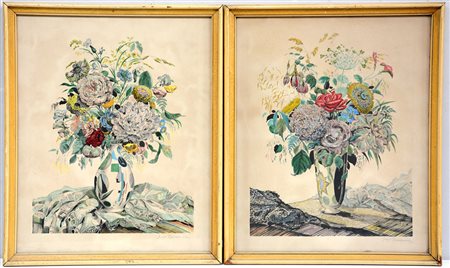 Coppia di stampe a colori raffiguranti vasi con fiori. In cornici