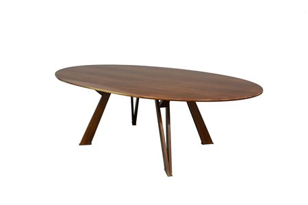 Grande tavolo in legno massello e impiallacciato con piano ovale e struttura...