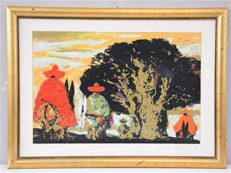 Fiume "Paesaggio con cavalieri" prova d'artista firmata in basso a destra. In...