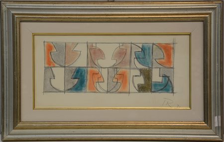 Hans Richter. "Composizione '1971" tecnica mista su carta applicata su tela...