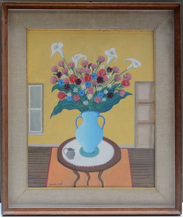 Grande "Vaso di fiori" 1968, olio su tela applicata su pannello (cm 50x40)...