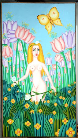 Vujadinovic Olga "Zlatokosa I Lale 1968" olio su tela (cm 173x95) (lievi...