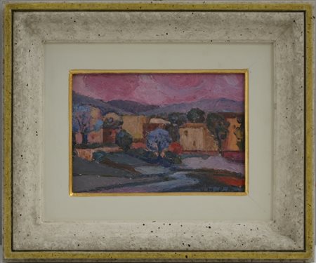 Vito Melotto (1928- ) "Paese sognato", olio su cartone telato (cm 13x18)...