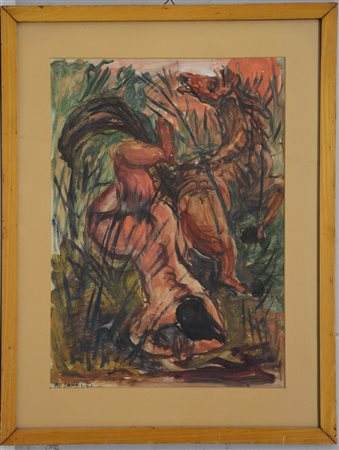 Savelli "Cavaliere disarcionato" tecnica mista su carta (cm 41,5x29,5)...