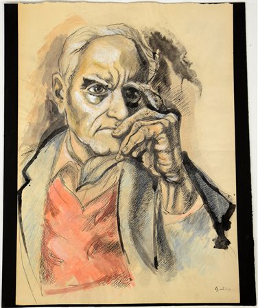 Guttuso "Ritratto di Moravia" tecnica mista su carta (cm 34,5x24) firmato in...