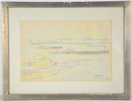 Aloi "Paesaggio fluviale" 1969, tecnica mista su carta (cm 22x33,4) firmato,...