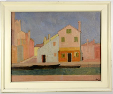 Roberto Aloi. "Burano" 1973, olio su tela (cm 56x70) firmato e datato in...