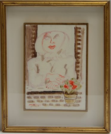 Migneco "Ritratto femminile" acquerello su carta applicata su tela (cm...
