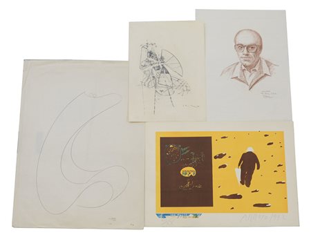 Cartella contentente una litografia di Arroyo, un disegno a firma Viani e due...