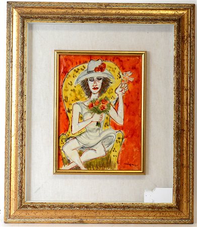 Ignoto "Ritratto femminile con fiori e uccello", tecnica mista su carta...