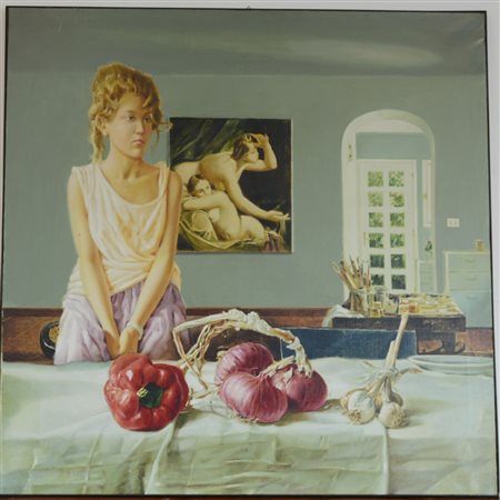 Ignoto "Nello studio", olio su tela (cm 120x120) iscritto "De Andreis" e...