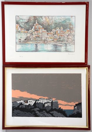 Autori diversi, lotto di due litografie moderne raffiguranti paesaggi. In...