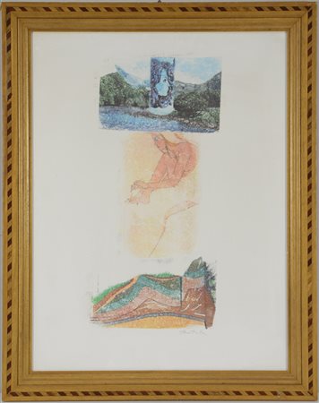 "Composizione" stampa a colori recante firma Rotella (cm 64,5x48). In cornice