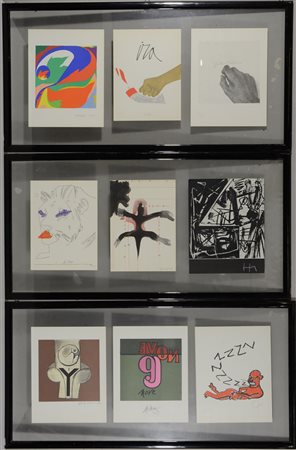 Gruppo di nove riproduzioni entro tre cornici di autori vari, edizioni Bolaffi