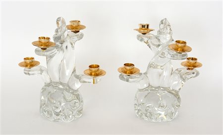 Coppia di candelieri in vetro massello a quattro fiamme con bobeches in...