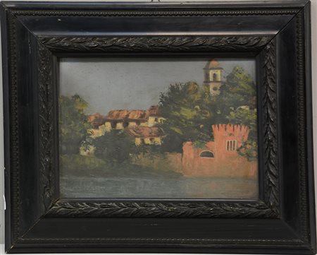 Ignoto "Paesaggio con fiume" Olio su compensato (cm 22x30). In cornice