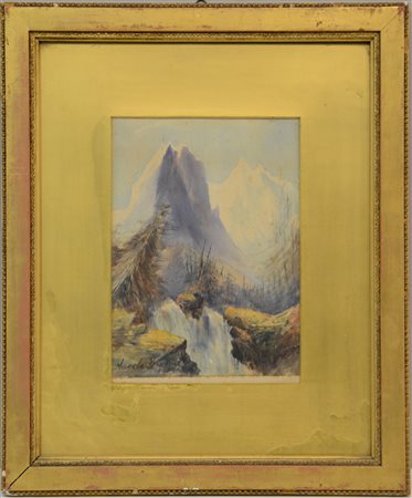 Firma indecifrata "Swedish Waterfall" Acquarello su carta (cm 26x19). Firmato...